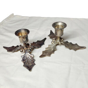 Restoration Hardware Christmas holly candlesticks pair silver